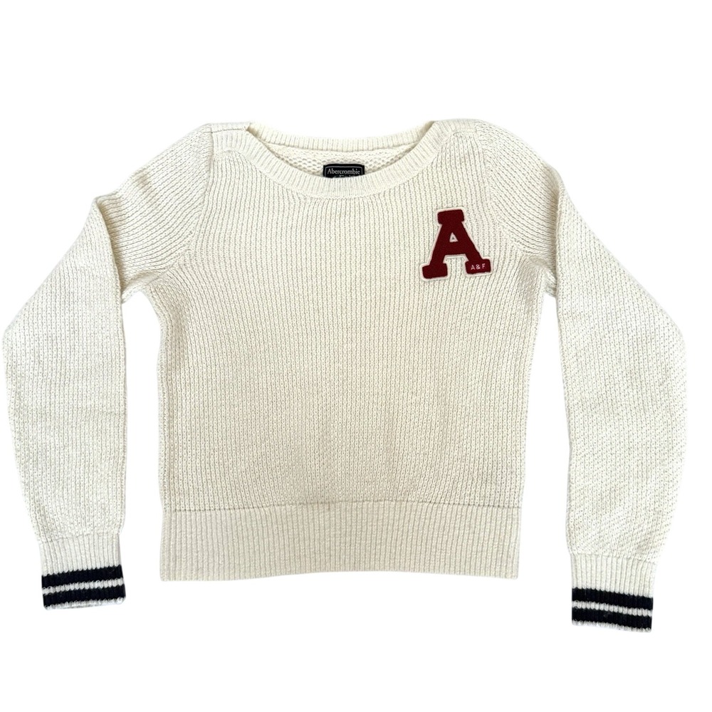 Y2K Abercrombie & Fitch Varsity Knit Sweater Cream Burgundy Patch XS Womens